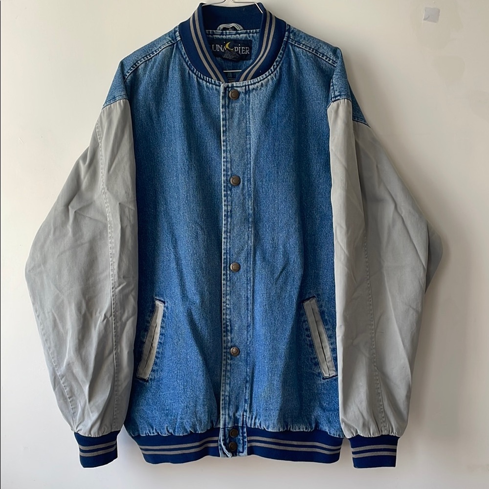 Vintage faded denim varsity bomber with grey twill sleeves size xl stripes